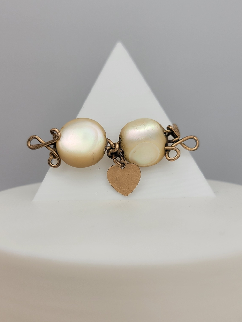 Vintage MCM 1950s Handcrafted Wire Pearl Bar Brooch Heart Charm Initialed AS-IS